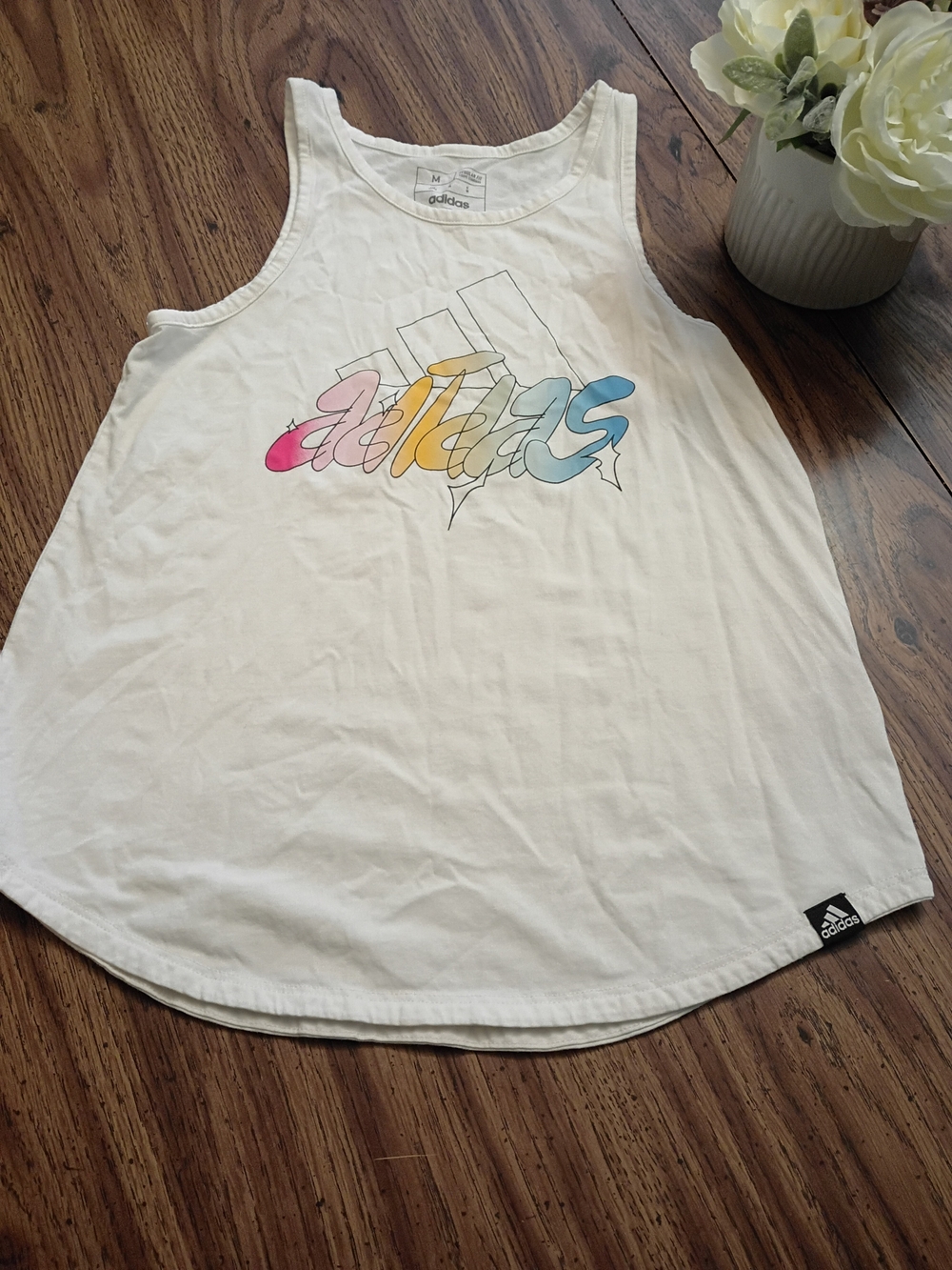 adidas Girls Size Medium 10/12 White Tank Top with Pastel Rainbow Logo